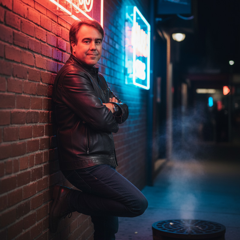 Retrato Noturno com Luz Neon — Estilo, Mistério e Atitude – 8 fotos